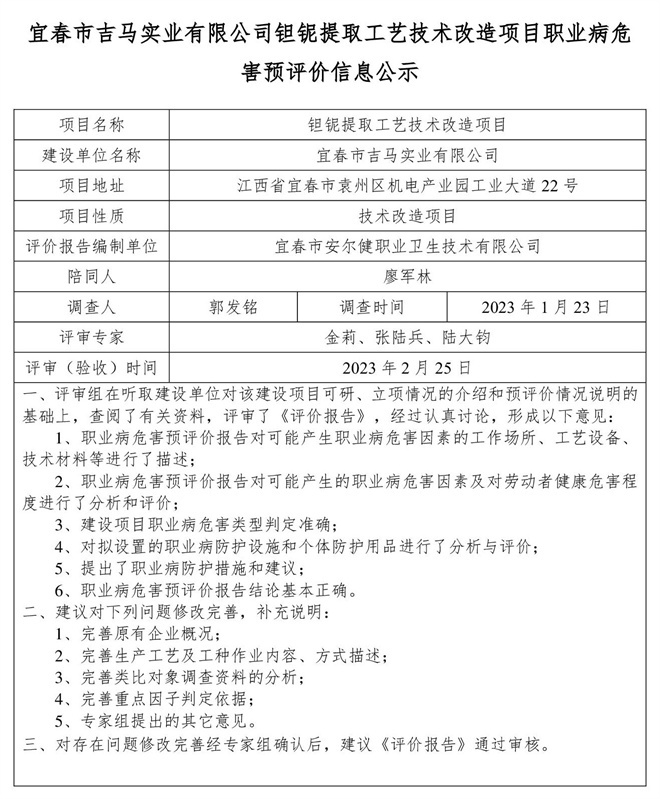 1679975601837774.jpg 宜春市吉馬實(shí)業(yè)有限公司鉭鈮提取工藝技術(shù)改造項(xiàng)目職業(yè)病危害預(yù)評價(jià)信息公示.jpg