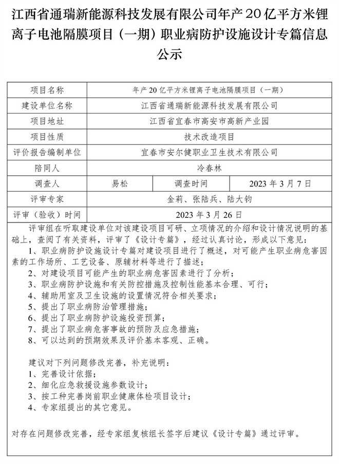 1679975659256979.jpg 江西省通瑞新能源科技發(fā)展有限公司年產(chǎn)20億平方米鋰離子電池隔膜項目(一期)職業(yè)病防護(hù)設(shè)施設(shè)計專篇信息公示.jpg